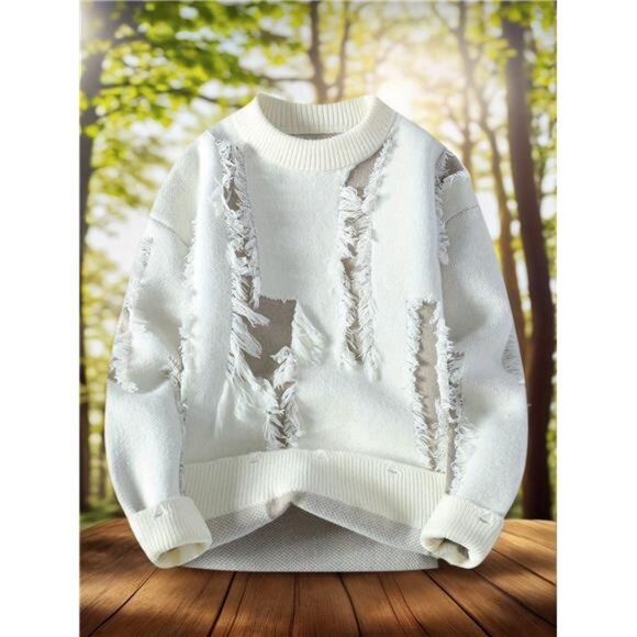 NWT Men's White Distressed Sweater | Ripped Knit Pullover - Picture 3 of 6